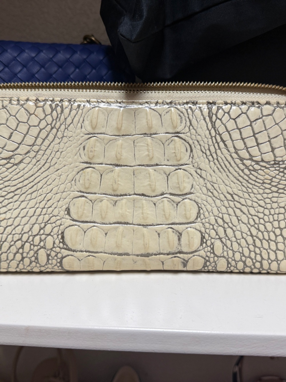 Brahmin Cream Croc-Embossed Zip Wallet with Gold Hardware